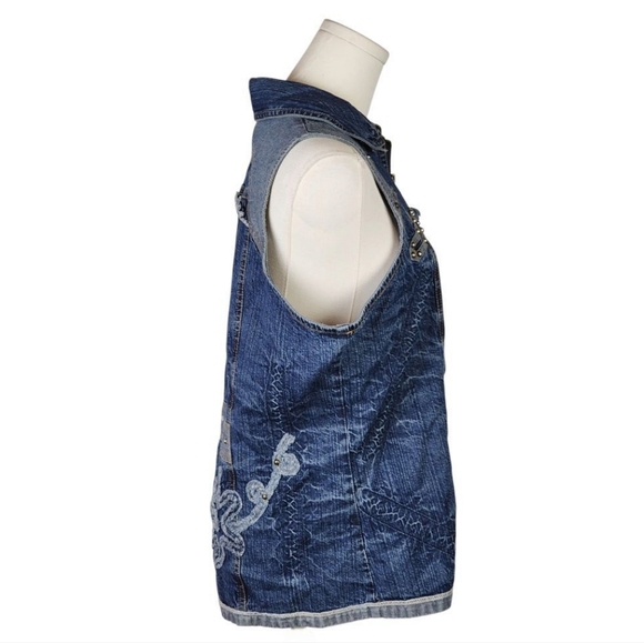 Bleu Bayou Embellished Denim Vest L Western Y2K Boho Rhinestone Zip Up - Picture 6 of 8